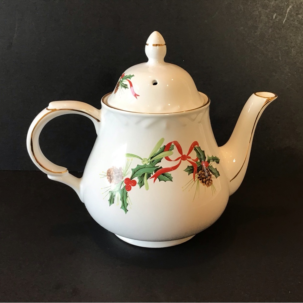 Vintage White Holiday Teapot with Red Ribbon and Pinecone Accent